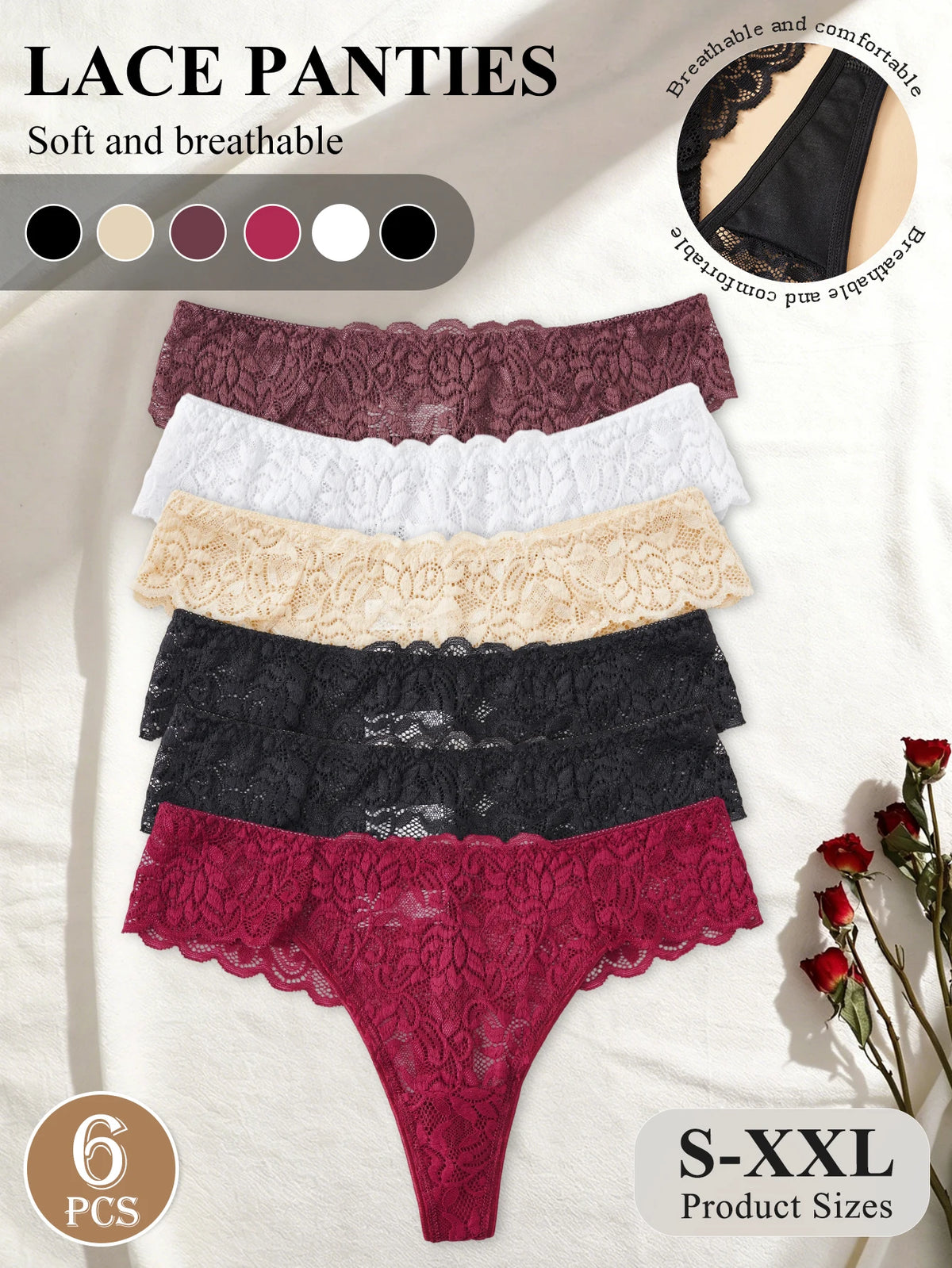 6-Pack Women's Sexy Semi-Sheer Lace Thong Soft Stretchy Low Waist Tanga Panties Floral Lace Breathable Daily Underpants S to XXL
