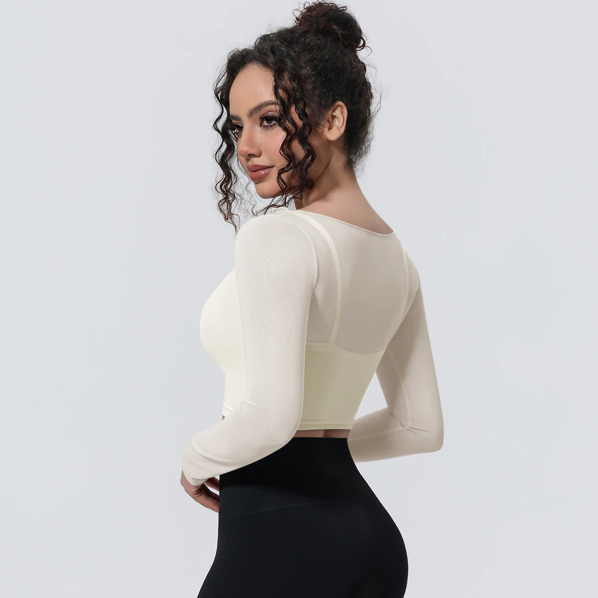Woman Sports Yoga Long Sleeves Workout Top Solid Color False Two-piece Mesh Running Shirts with Chest Pad Summer Long Sleeves