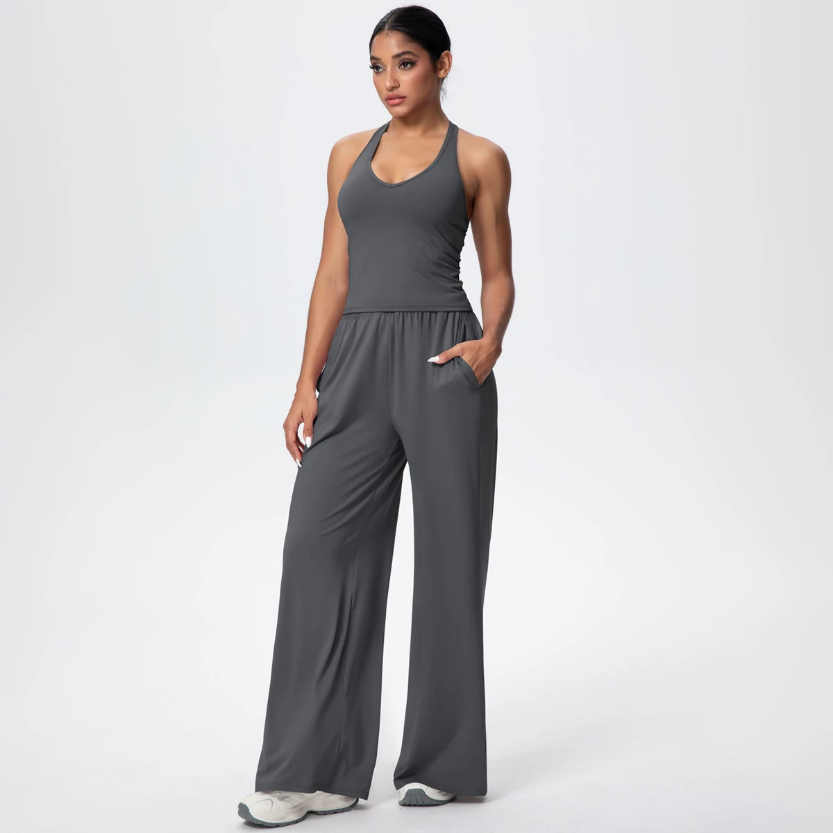 Breathable Loose Wide Leg Pants and Yoga Vest Set Solid Color High Stretch Pockets Pants Beautiful Back T-shaped Vest Yoga Suit