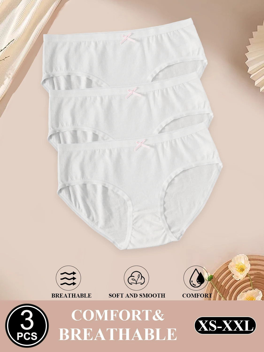 3PCS White Simple Comfortable Cotton Underwear for Women Girls Cute Low-Waist Panties Breathable Skin-Friendly Briefs Lingerie