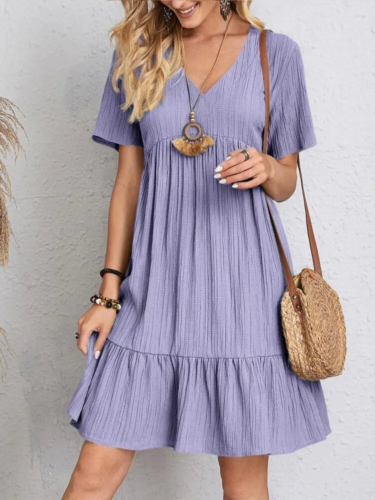 Women Elegant V Neck Ruffles Mini Dress Summer Vintage Solid Loose Sundress Bohemian Casual Solid Beach Party Vestidos