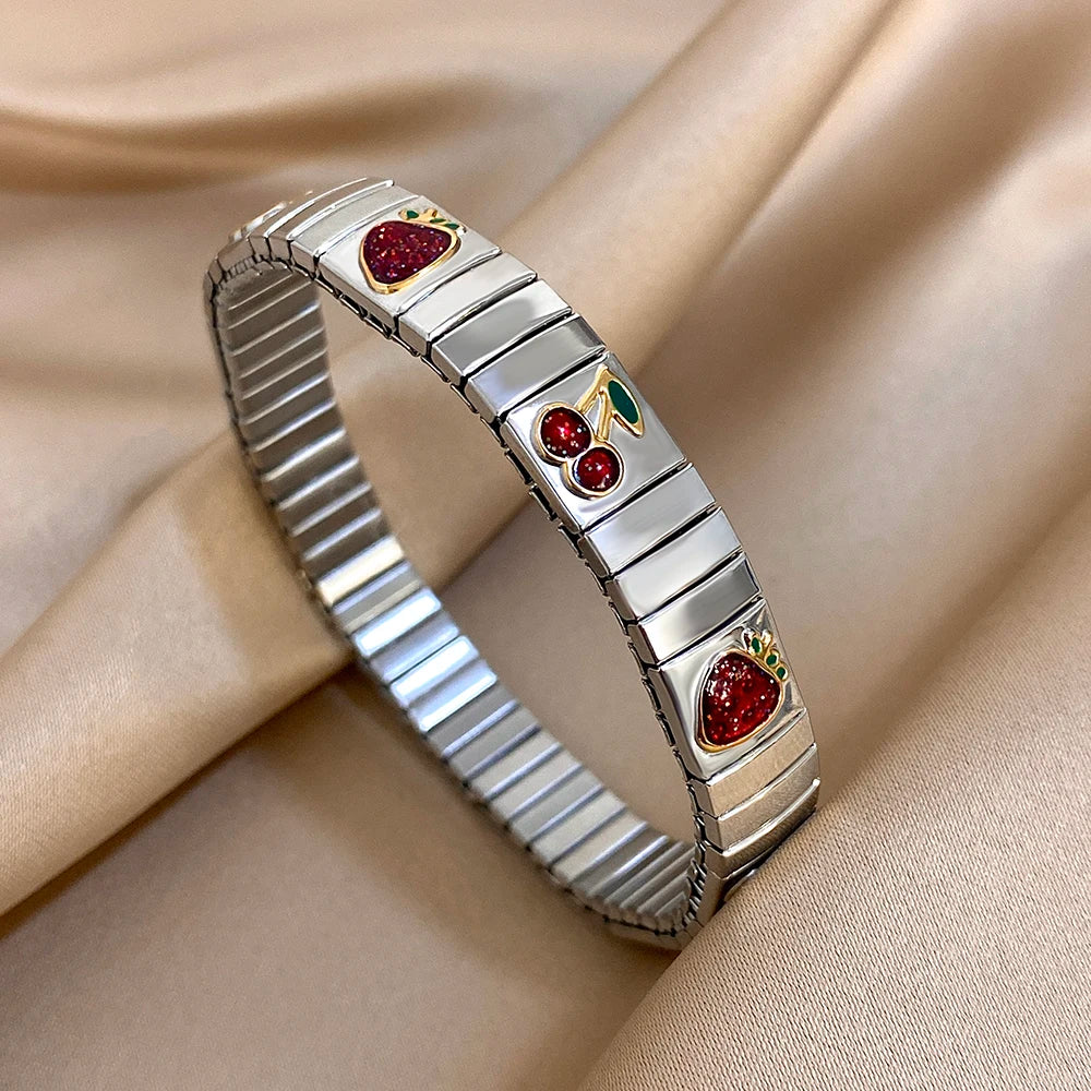 316L Stainless Steel Gold Color Strawberry Cherry Elastic Bangle Bracelet For Women Men Statement New Trend Wrist Jewelry Gift