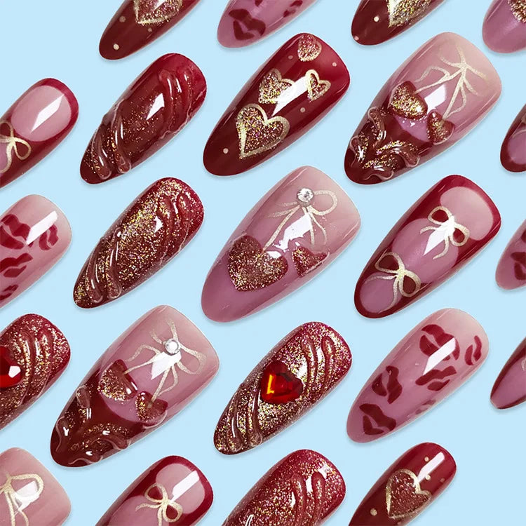 24Pcs Wine Red Almond Bow Heart Designs Press on Nails Glitter Cat Eye Diamond Nail Patch Wearable Elegant Full Cover Nail Tips