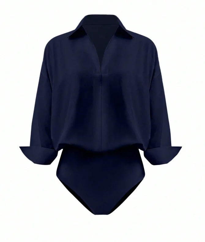 Women Shirt Bodysuit Oversized Boyfriend Half Sleeve Blouse Deep V Collar Bodysuit Shirts Elegant Office Lady Jumpsuit Top
