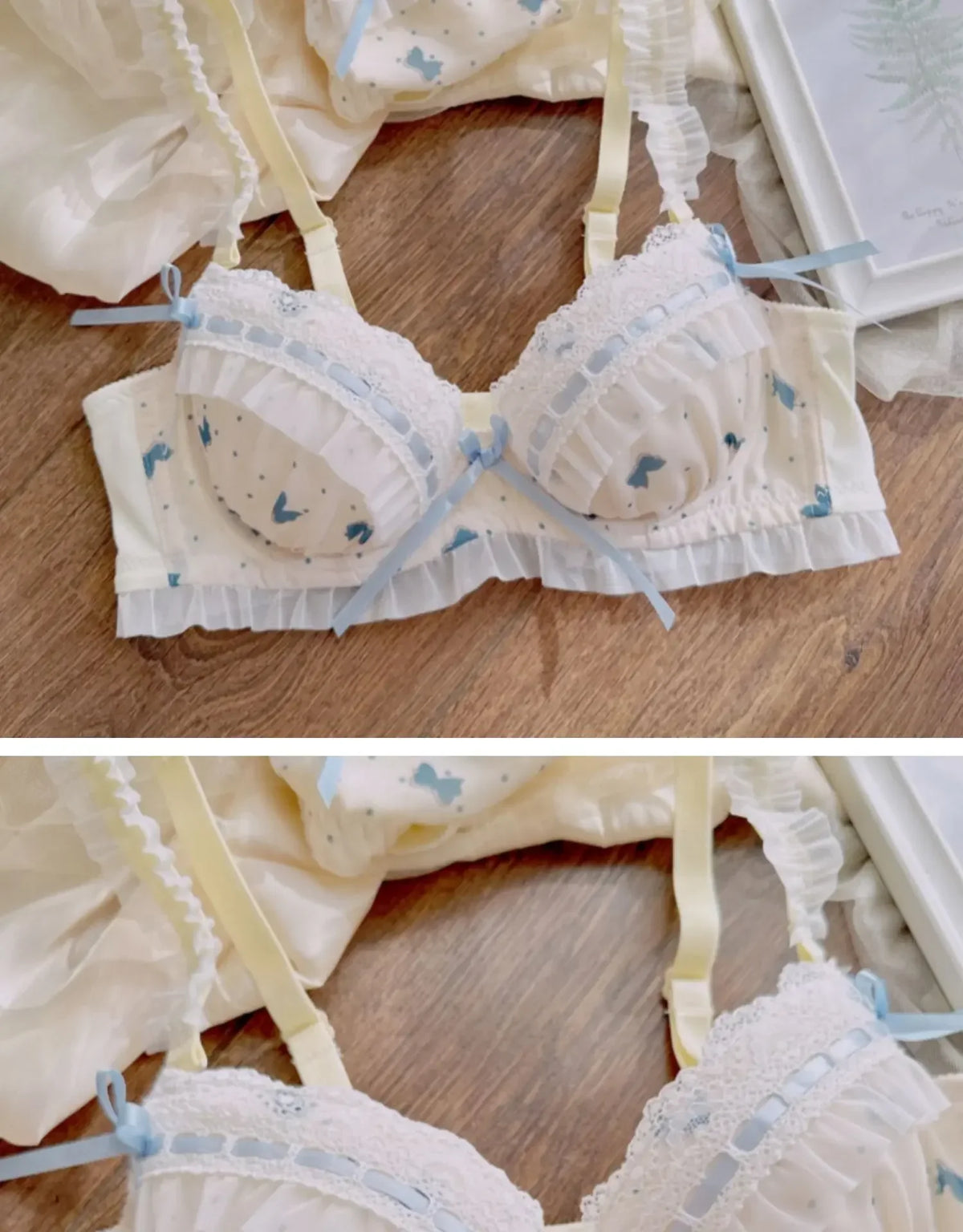 MOYISU Lolita Pure Desire Cute Princess Style Thin Cup Bra Set Printed Cute Bow Bra Comfortable Lace Underwear Goth Underwear