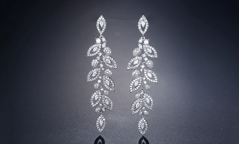 ZAKOL Luxury Shiny Zircon Polish Bridal Wedding Dange Earrings Elegant Marquise Leaf AAA CZ Long Drop Earring Party Jewelry