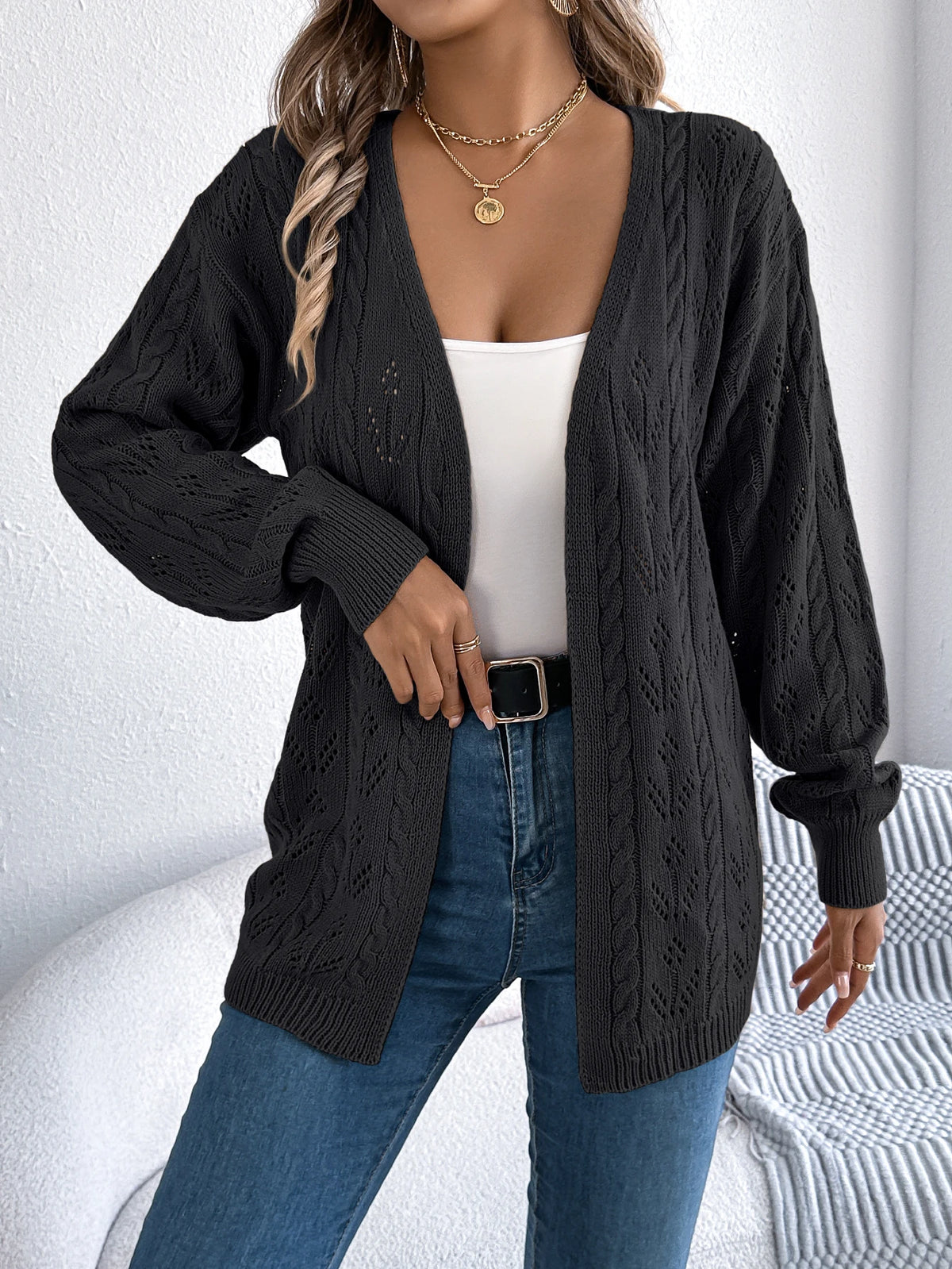Women's Solid Color Hollow Out Knitted Cardigan Sweaters 2026 Autumn Winter Casual Lantern Long Sleeve Coats White Black Khaki