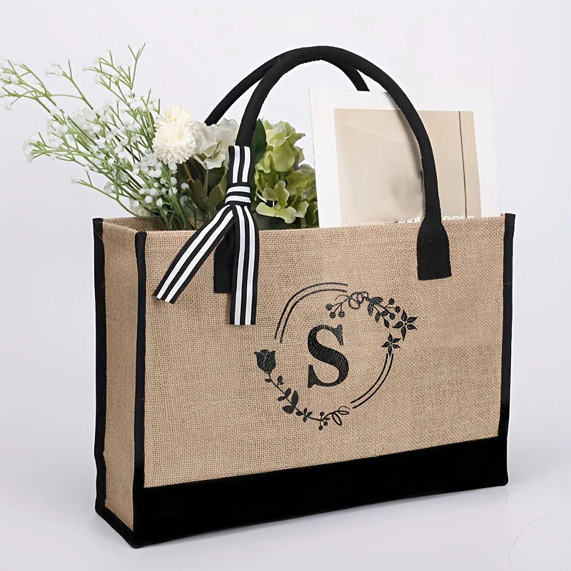 Personalized alphabet printed single shoulder linen men's bag large capacity handbag open handle handbag handbag