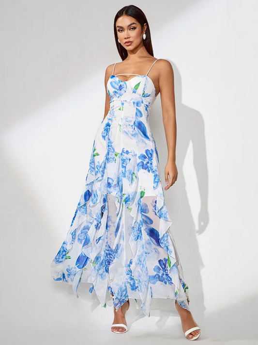 BKLD Spaghetti Strap Ruffles Split Sexy Evening Dress 2026 Summer New Women Fashion Printed Slim Elegant Party Sleeveless Dress