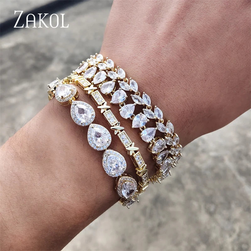أساور ZAKOL Fashion ذات الأوراق البيضاء للنساء والرجال من الزركونيا المكعبة اللامعة بقصة الماركيز، مجوهرات لحفلات الزفاف