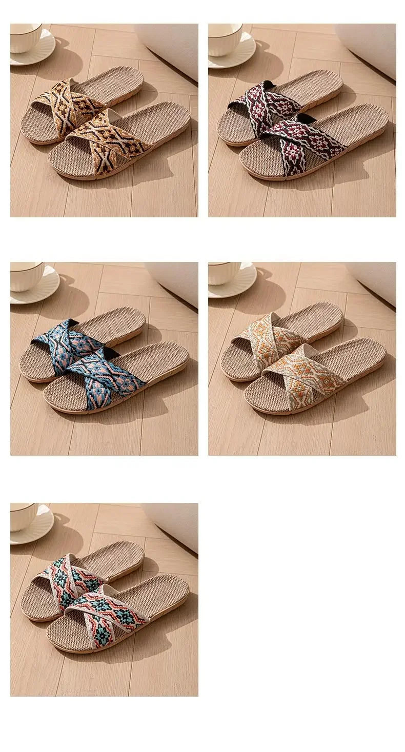 Open-Toe Crossed Linen Slippers – Unisex Summer Indoor Sandals | شباشب صيفية مفتوحة من الكتان للرجال والنساء – تصميم متقاطع مريح للمنزل