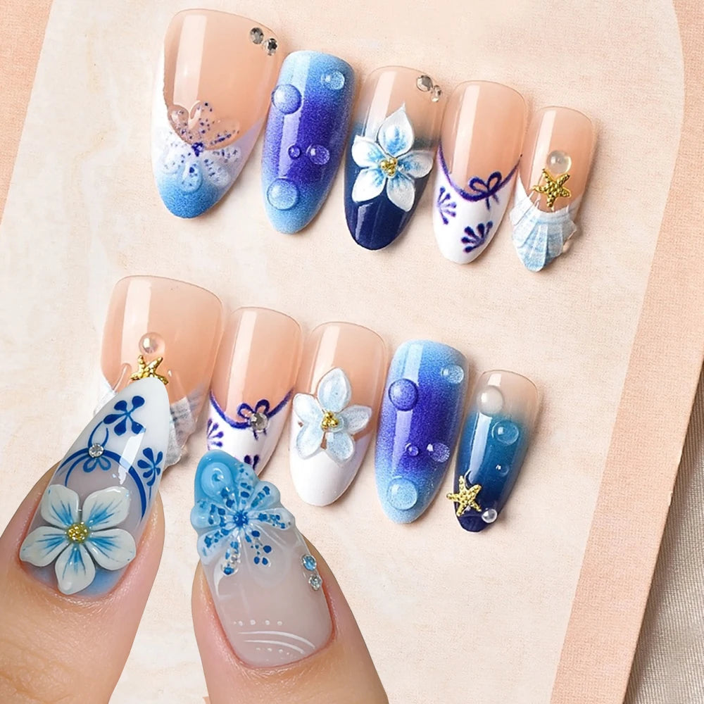 30pcs Epoxy Seashell Orchid Water Droplets False Nails Blue And White Porcelain Press On Nails Long Almond Starfish Fake Nails