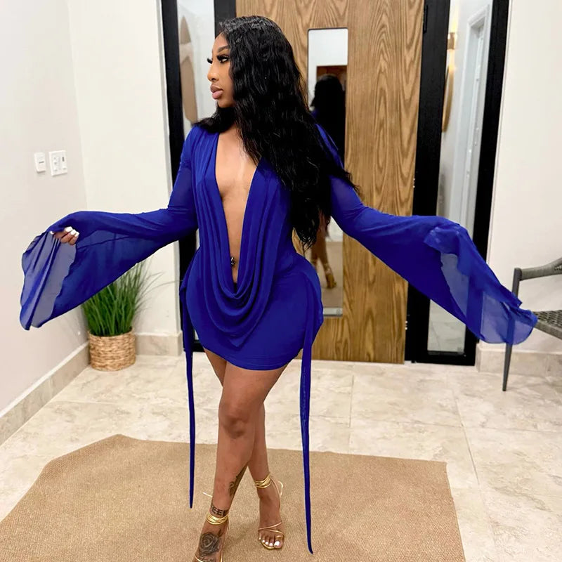 BKLD Solid Color 2026 New Women's Clothing Mesh Swinging Collar Long Sleeve Open Back A-line Short Dresses Party Clubwear