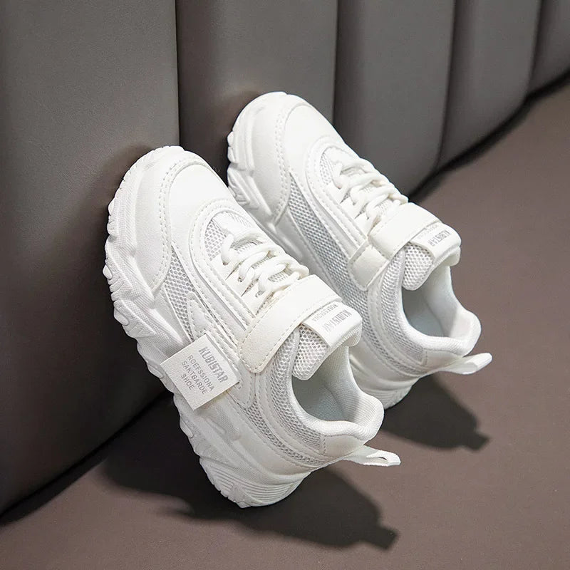 Spring New Kids Sneakers 2025 PU Girls Casual Mesh Solid Pink Light Boys White Hook & Loop Children Non-slip Sports Shoes