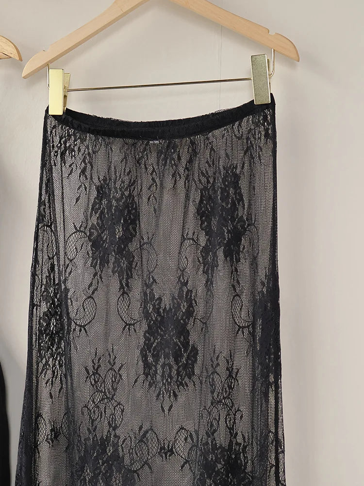 BKLD Two Piece Outfits Women 2026 Summer Vintage Black Sexy Strappy Dress And Lace Sheer Long Skirts Casual Sets Party Clubwear