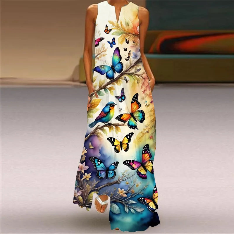 Summer Retro V-Neck Sleeveless Maxi Dress – Loose Artistic Print