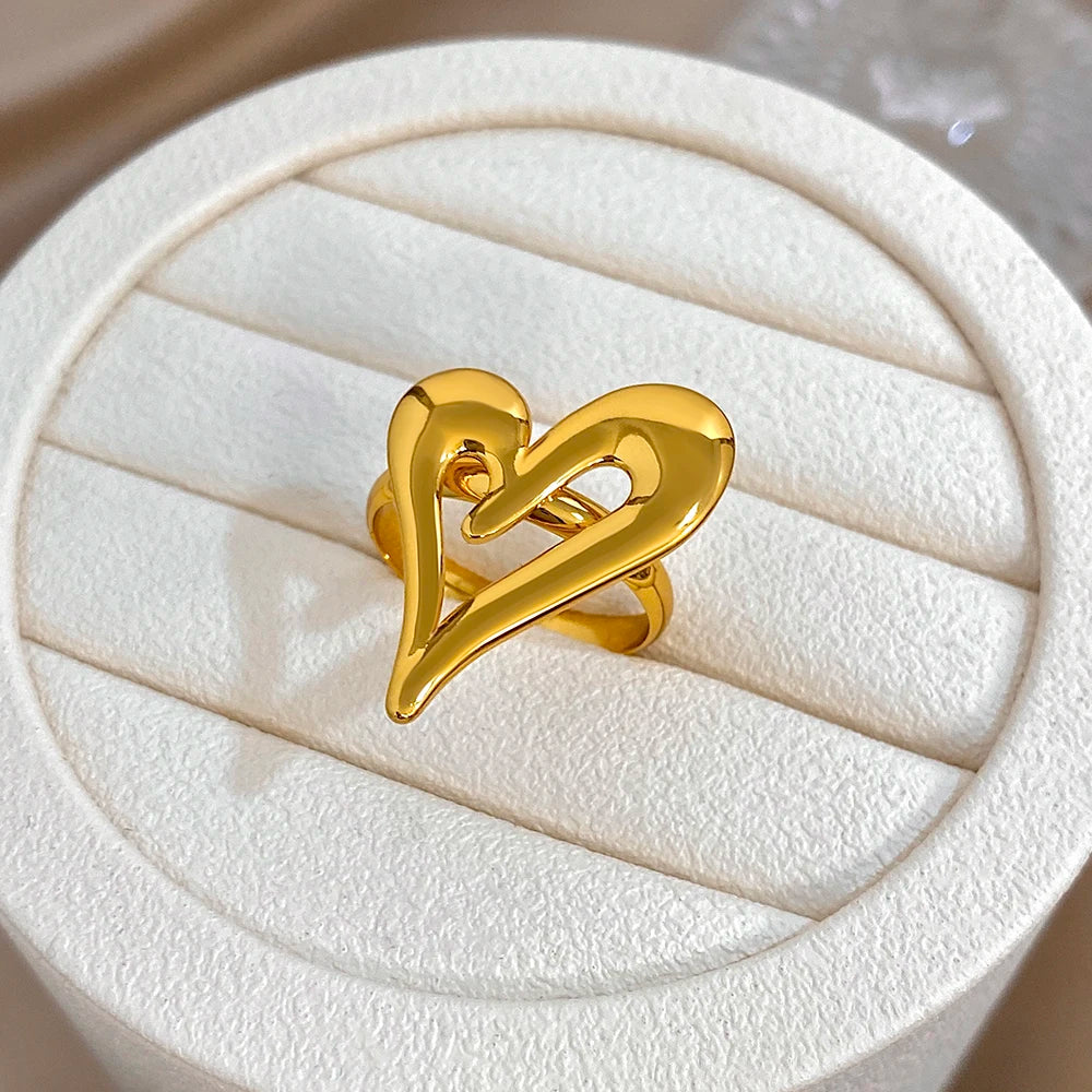 Flashbuy Trendy Gold Color Asymmetric Hollow Heart Stainless Steel Ring For Women Statement Fashion Jewelry Valentine's Day Gift