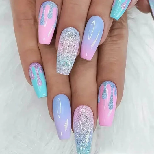 24Pc/set Girl Pink Blue Gradient Long Ballet Fake Nails Acrylic Press on Nail Tips Removable Artificial Wearing False Nails Art