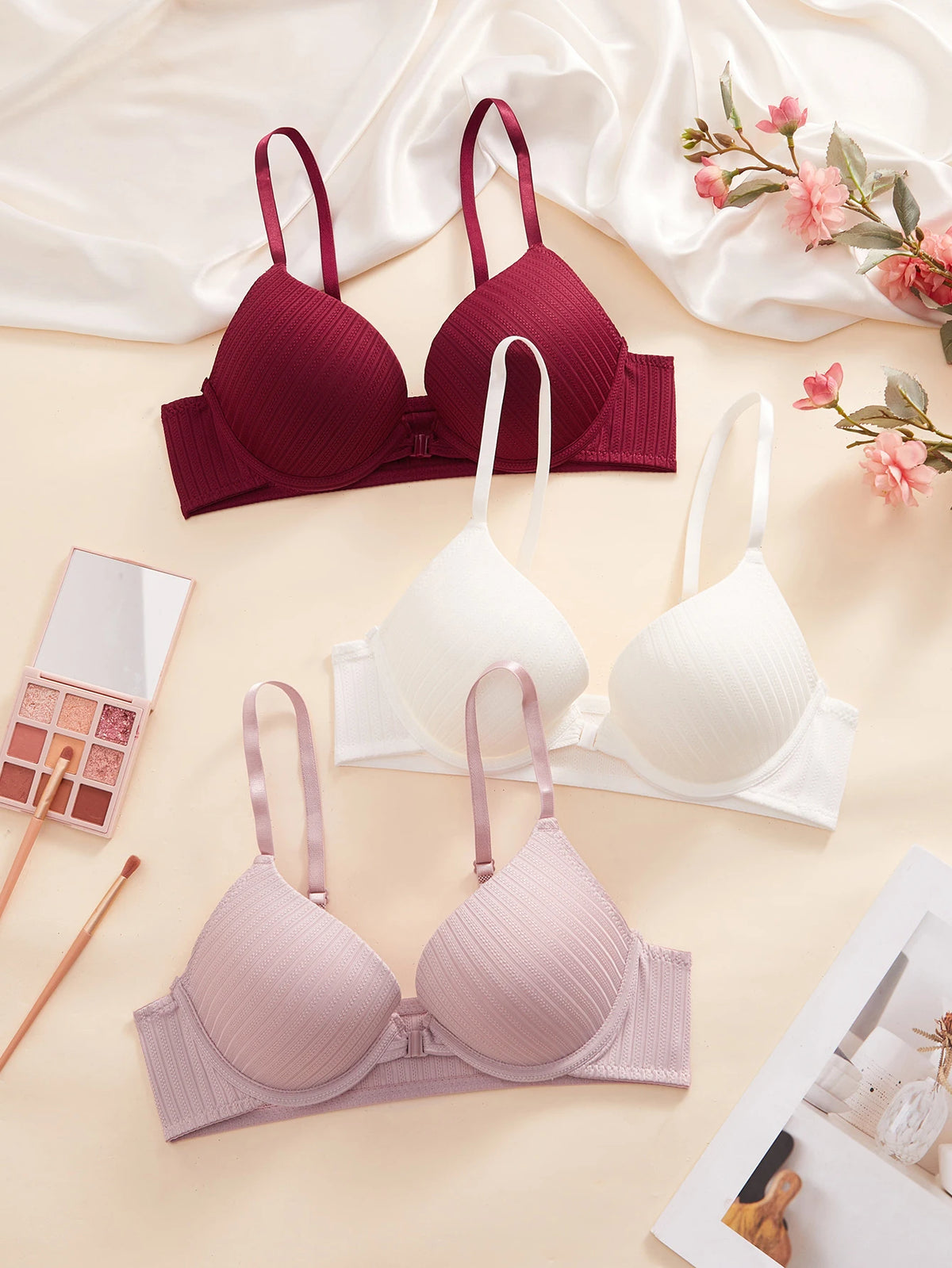 1 3 5Pcs Everyday Solid Women Bra Front Closure Push up Sexy Bras Ribbed Unlined Sweet Women's Underwear