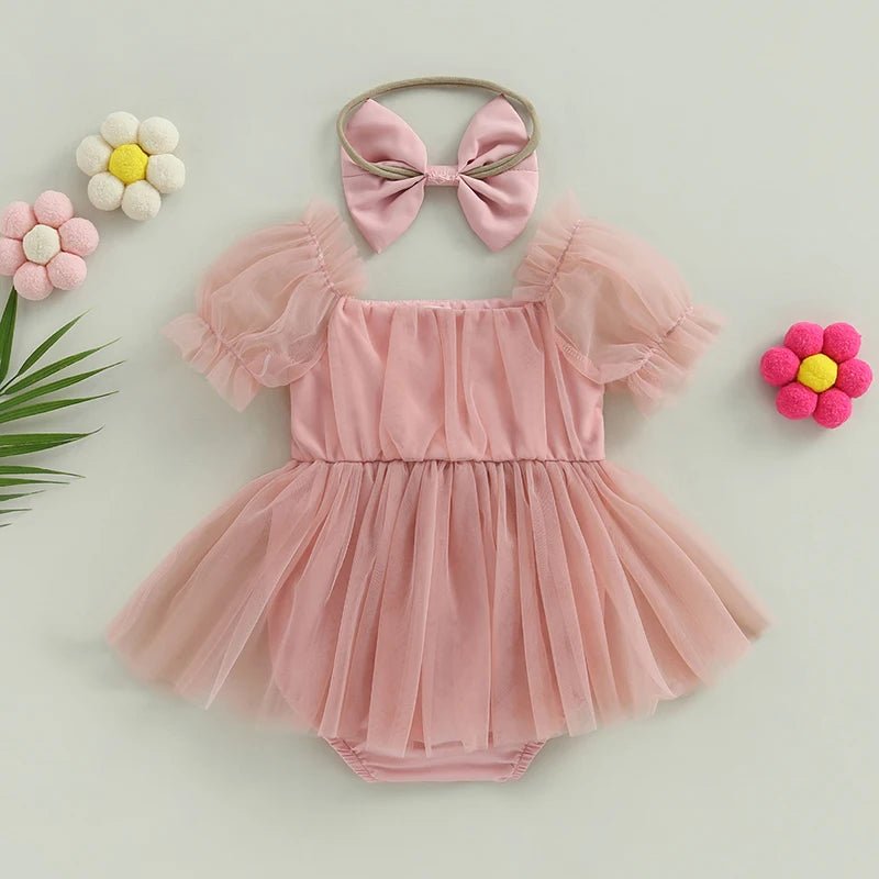 0-24M Infant Baby Girl Romper Dress Solid Color Short Sleeve Front