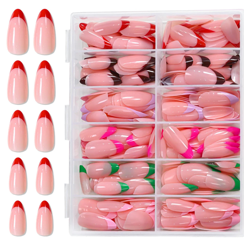 288Pcs Colorful Medium Almond French False Nails Red/Green/Pink/Purple Full Cover Fake Nails Tips Extension Women Press on Nails