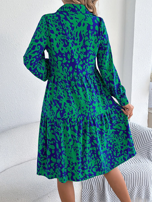 Spring Autumn Casual Vacation Single Breasted Turn Down Collar Long Sleeved Leopard Print Dresses for Women