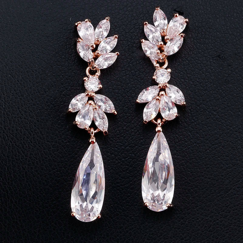 ZAKOL White Zircon Leaf Dangle Earrings for Women Shinny Water Drop Crystal Flower Pendant Earring Bridal Wedding Jewelry