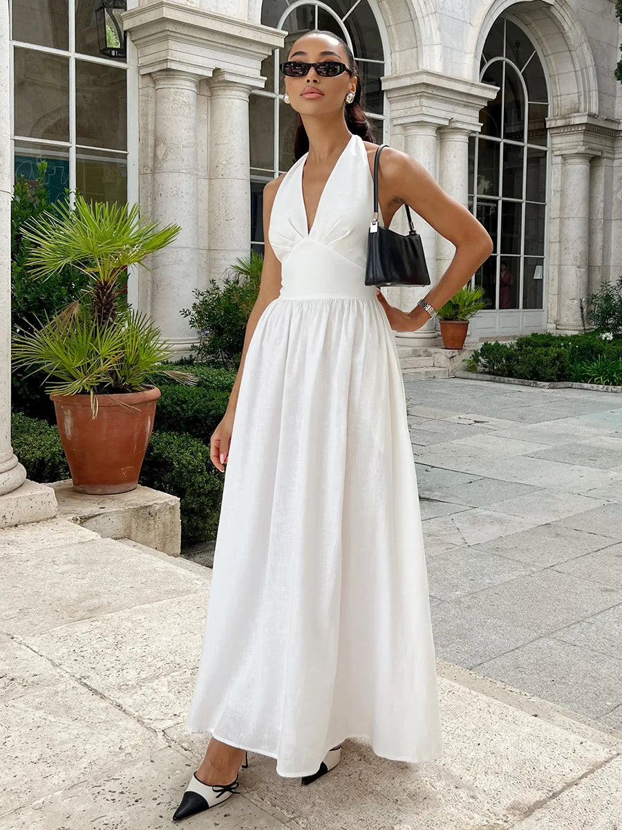 BKLD Pure Cotton Long Dresses 2026 Spring Summer High Waist V-Neck Lace-Up Maxi Dress Party Clubwear Solid Color Women Clothing