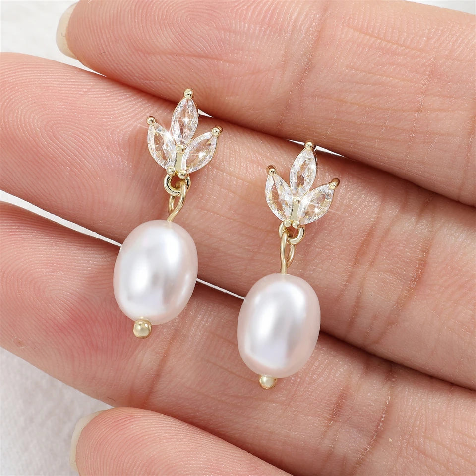 ZAKOL Fashion Leaf Shiny Zircon Pearl Drop Earring Necklaces Jewelry Sets for Women Charming Wedding Jewelry Gift