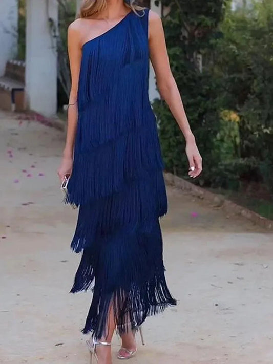 BKLD Solid Color 2026 Spring Summer New Fashion Tassel One Shoulder Sleeveless Asymmetric Dress Clothes For Women Evening Dress