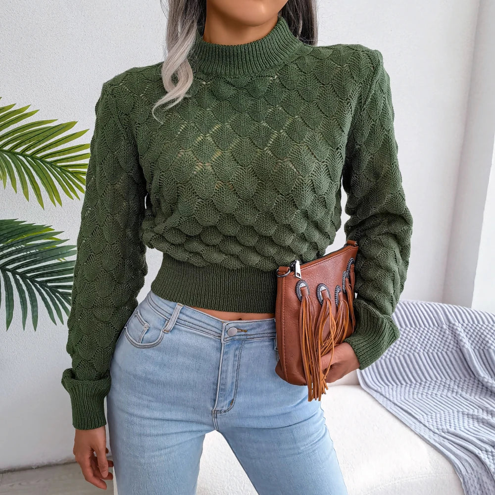 2026 Autumn Winter Women Casual Hollow Out Long Sleeve Knitted Pullovers and Sweaters Solid Color Crop Tops Grey Khaki Green