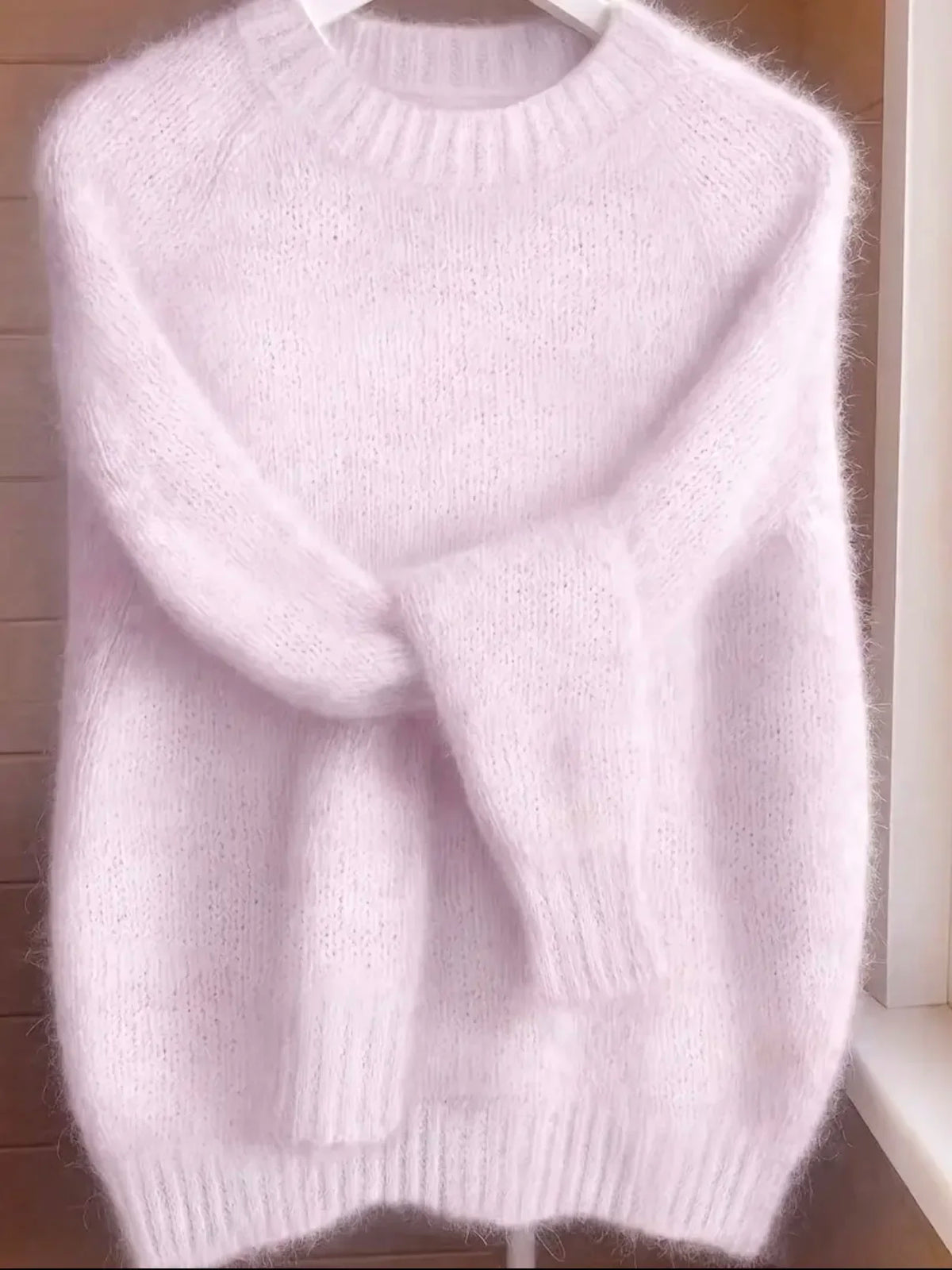 Women Fluffy Mohair Sweater Crew Neck Raglan Long Sleeve Knit Pullover Loose Casual Soft Warm Jumper Autumn Winter Knitwear Tops