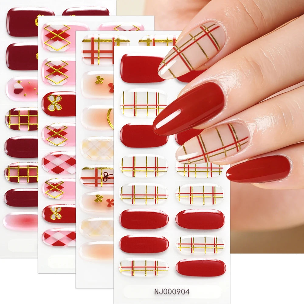 16Tips Gradient Semi Cured Gel Nail Strips Blush Flower Design Full Wrap Nail Decals French Gold Lines Gel Nail Polish Sticker