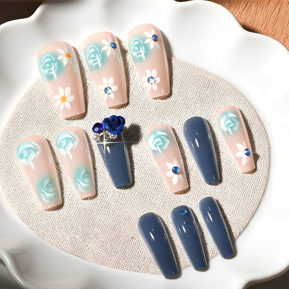 24Pcs Mid-length Ballet Fake Nails Blue Flower Design Wearable Press on Nails Women Floral Medium Square Full Cover False Nails