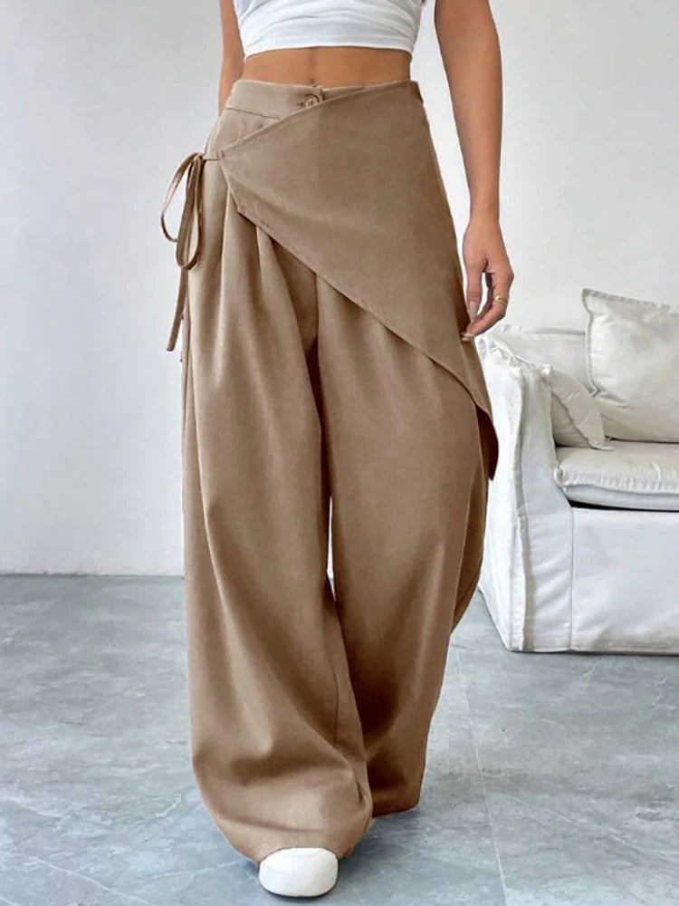Elegant Irregular Suit Pants for Women High Waist Loose Wide Leg Pants Asymmetrical Lace Up Trousers Elastic Waist Casual Pants