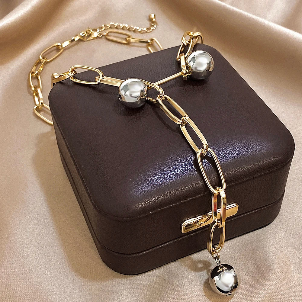 Trendy Women's Necklace Gold Color Metal Long Chain Pearl Round Beads Pendant Necklace Statement Party Daily Jewelry Gift