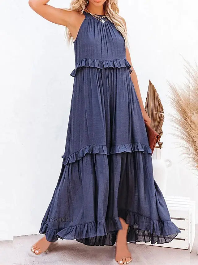 New Arrival Summer Vacation Halter Neck Long Dress – Backless Lace-Up Beach Style