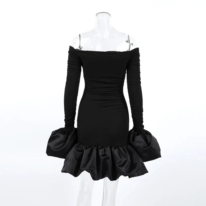 BKLD New 2026 Spring Elegant Black Dress Sexy Backless Slim Fit Long Sleeve Off The Shoulder Dress Party Clothes For Women