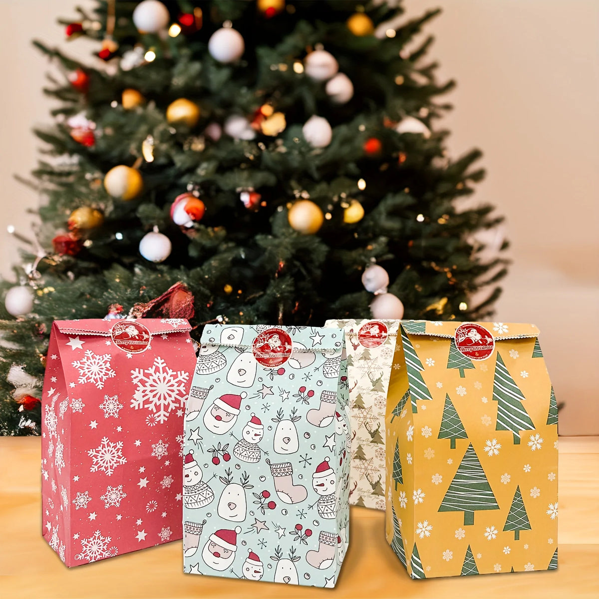 Christmas Gift Bags with Stickers, Xmas Holiday Goodie Treat Bags, Snowflake Reindeer Pattern Paper Gift Pouches for Christmas