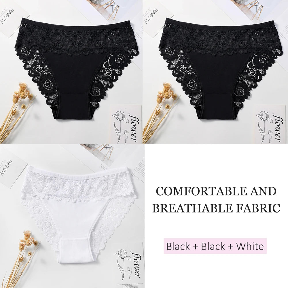 3PCS Women's Panties Sexy Hollow Out Flower Lace Cotton Splicing Briefs Comfort Lingerie Breathable Underpants Daily Wear