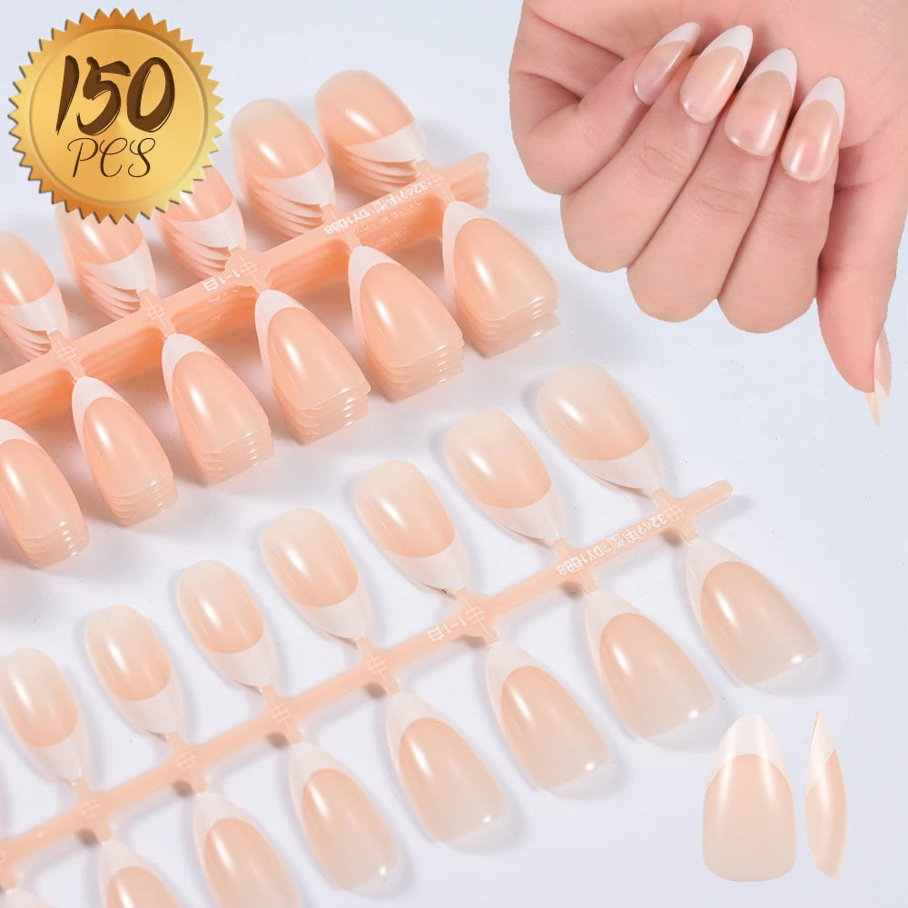 360/150Pcs Full Cover Press On Nails Short Stiletto Almond French False Nails White Edge Wearable Fake Nail Tips Extensions