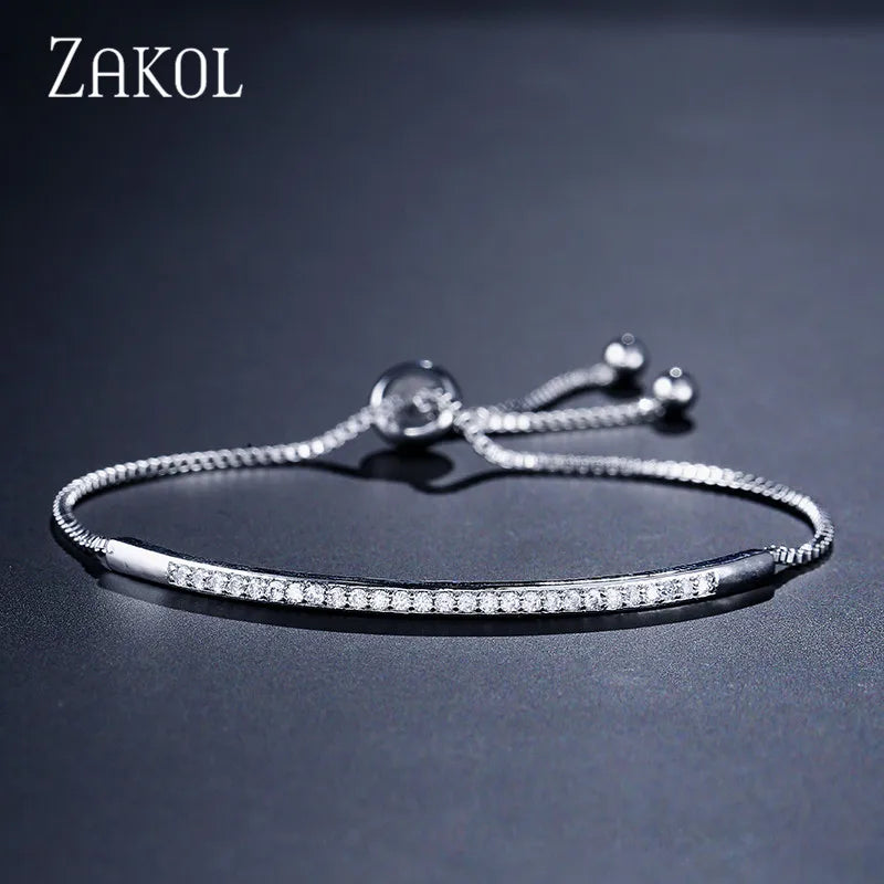 ZAKOL Simple Round Crystal Zirconia Adjustable Chain Bracelet White Gold Color Fashion Jewelry Birthday Gifts for Women