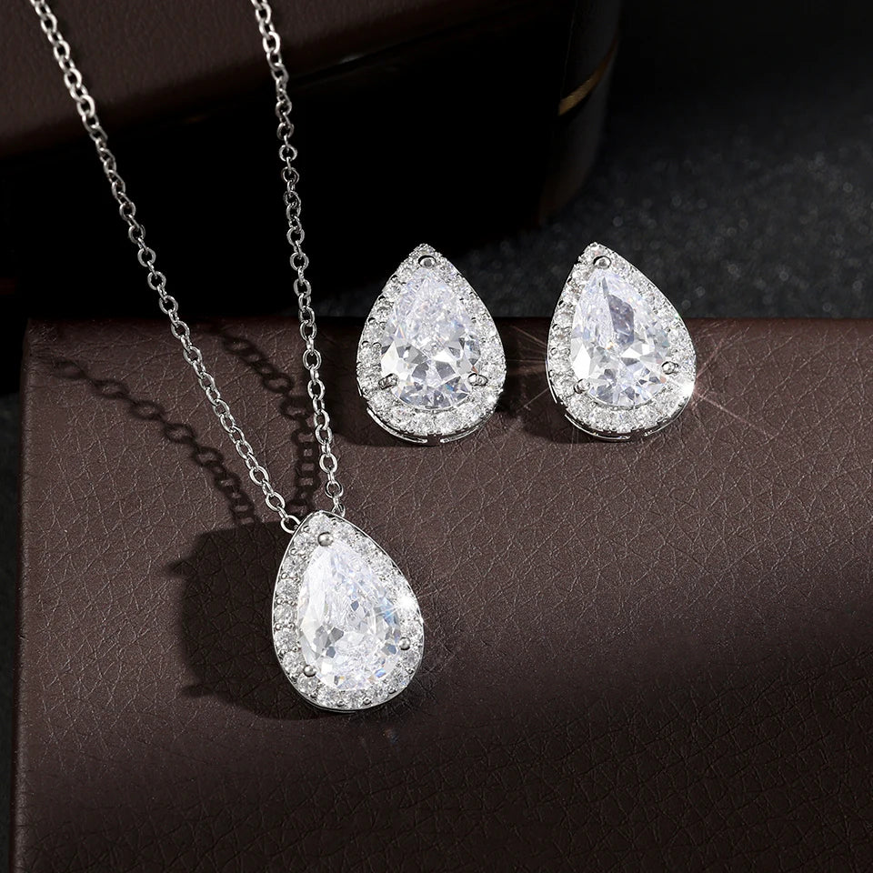 ZAKOL Classic Water Drop Zirconia Wedding Jewelry Set for Women Shiny AAA Cubic Zircon Earrings Necklace Jewelry Sets Gift