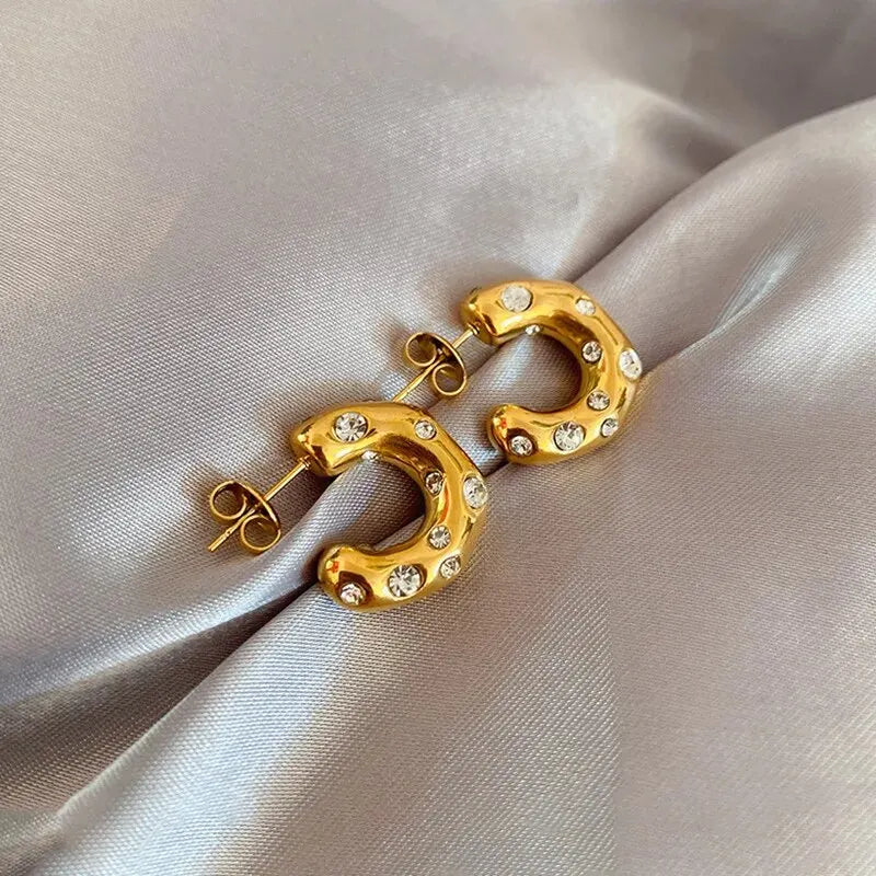 Trendy Gold Color Crystal Stainless Steel Round Earrings For Women Imitation Pearl Metal Earring Party Everyday Jewelry