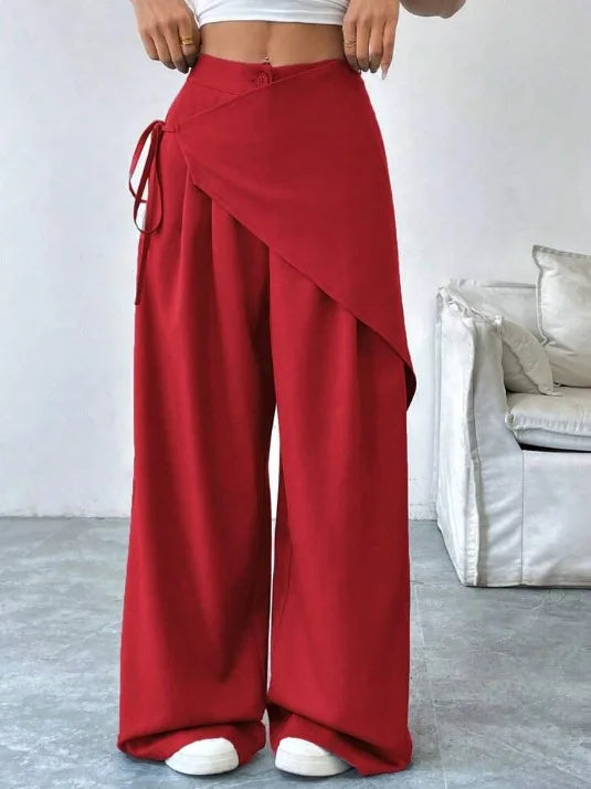 Elegant Irregular Suit Pants for Women High Waist Loose Wide Leg Pants Asymmetrical Lace Up Trousers Elastic Waist Casual Pants