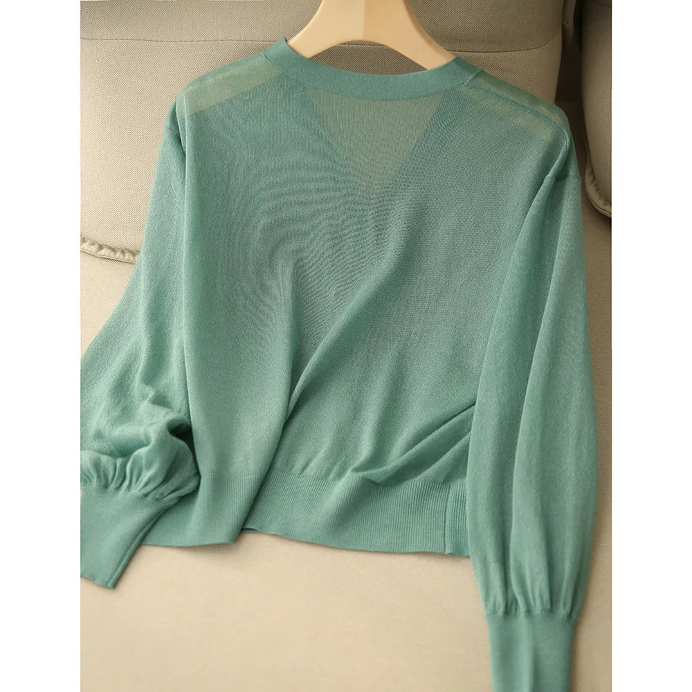 Women Elegant V Neck Single Breasted Thin Sun-proof Cardigan Elegant Korean Knit Simple Solid Sheer Tops Summer Casual Outwear