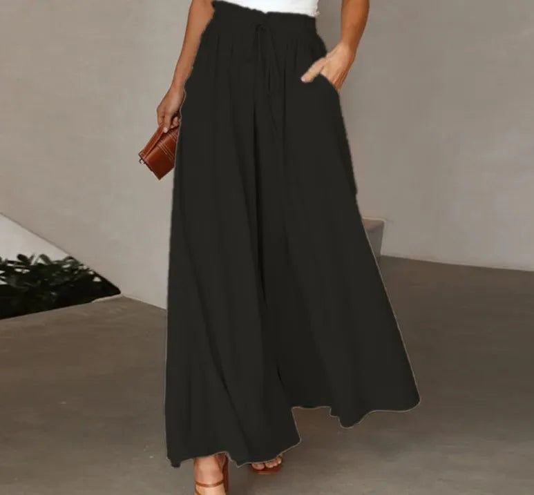 Women Casual Elastic Waist Wide Leg Pants Summer Elegant Drawstring Loose Straight Trouser Elegant Solid Pants Vacation Beach