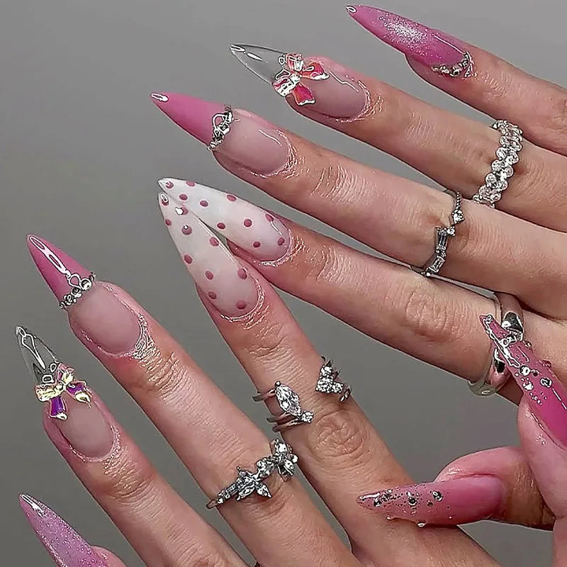 24Pcs French Flowers Pattern Almond Simple False Nails Set with Gloden Stripes Designs Detachable Finished Nails with Jelly Glue