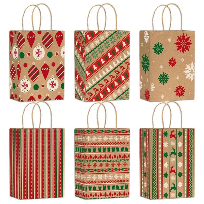 12Pcs Christmas Kraft Paper Gift Bags, 6 Designs Xmas Holiday Treat Bags,for Gift Wrapping, Candy & Cookie Packaging