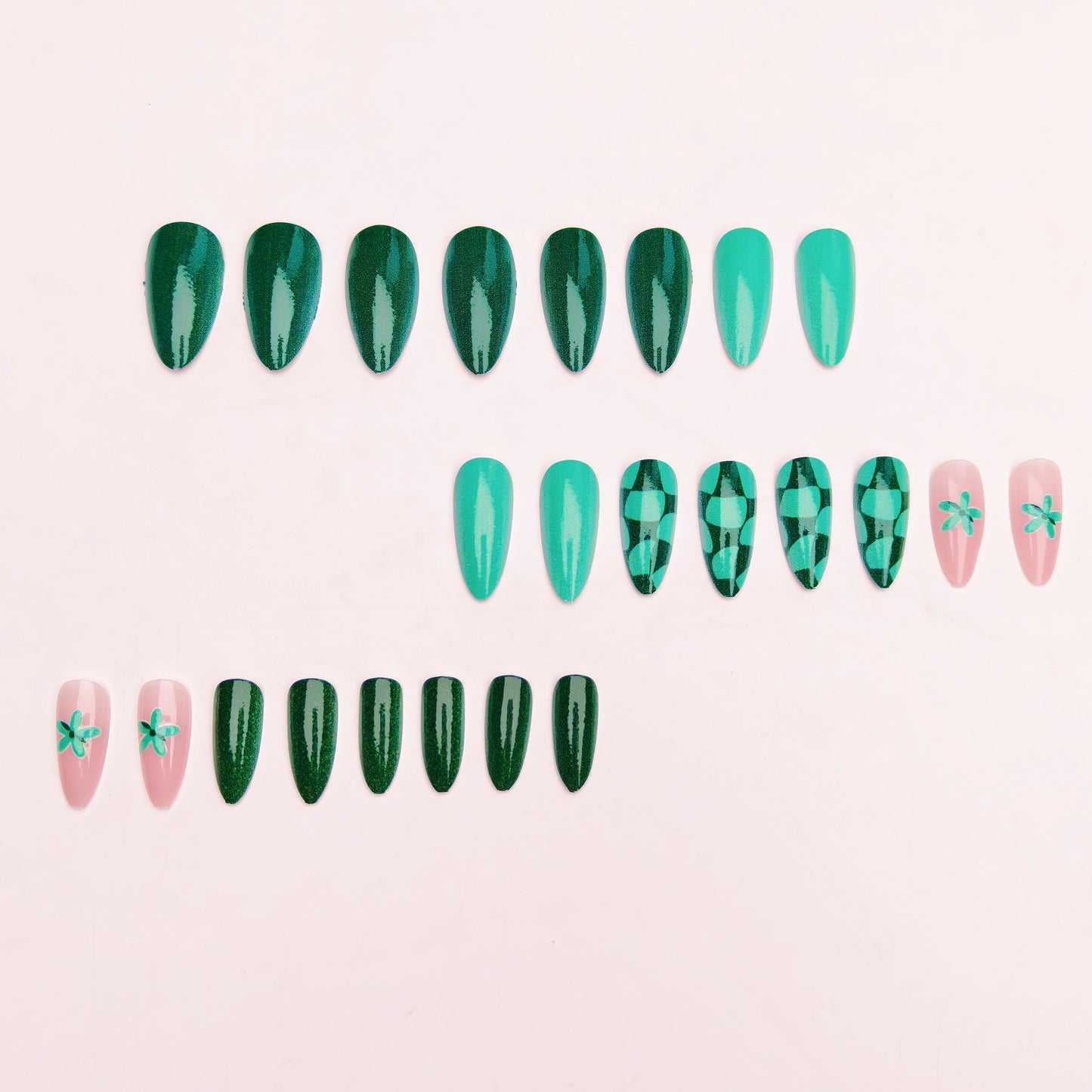 Green Plaid Petals Pure Color Manicure Wearable Nails 24 Pieces